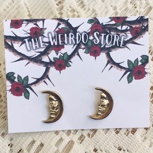 Gold Crescent Moon Face Stud Earrings